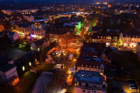 Aerial view of the Christmas market on Wettinplatz, Coswig, Saxony, Germany, Europe
