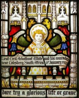 Detail of stained glass window Clayton and Bell, Boulge church, Suffolk, England, UK - Suffolk