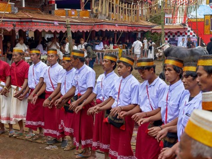 Men in traditional festive dress, funeral ceremony, Tana Toraja, Sulawesi, Indonesia, Asia