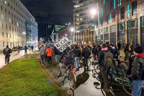 Anti-fascist protests in front of the Axel Springer skyscraper against the World Economic Summit, a