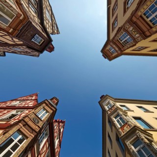 Four towers, ensemble of four historic buildings, view from bottom to top, Old Town, Koblenz,