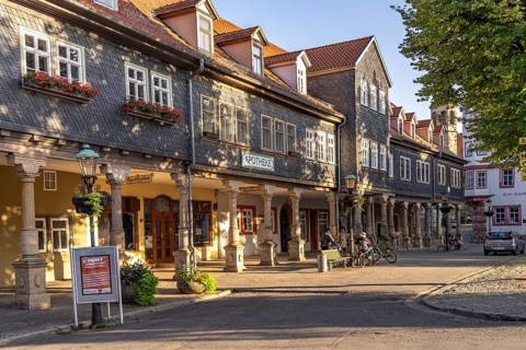Arcades with shops at the market in Arnstadt, Thuringia, Germany, Europe