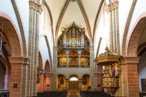 Interior and church organ of St Peter's Cathedral, Fritzlar, Schwalm-Eder district, Hesse, Germany,