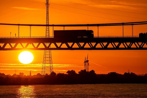 Traffic on the Rhine bridge Emmerich, federal road B220, evening light, with 803 m the longest