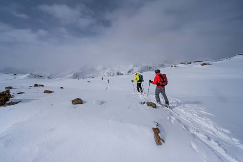 Ski tourers on the descent, snow-covered mountain landscape, Ortler Alps, Vinschgau Valley, Italy,