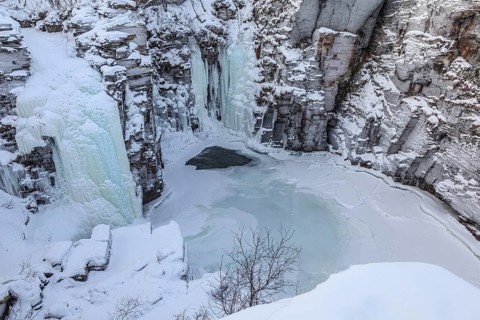 Gorge, canyon, river, waterfall, icy, ice, snow, winter, Abisko Canyon, Abisko National Park,