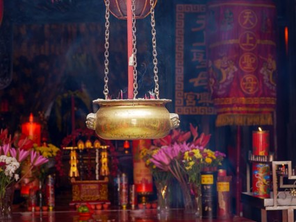 Chinese temple, smoke and brass bowl, Ban Hin Kiong Temple, Manado, Sulawesi