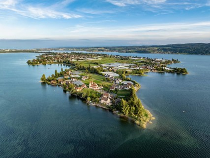 Aerial view, of the north-western tip of the island of Reichenau in Lake Constance, with the