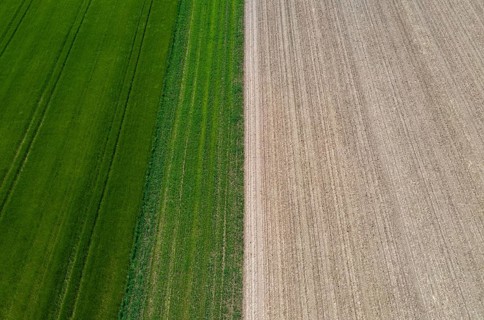 Drone view, green and ploughed fields, agricultural landscape, Innviertel, Upper Austria, Austria,