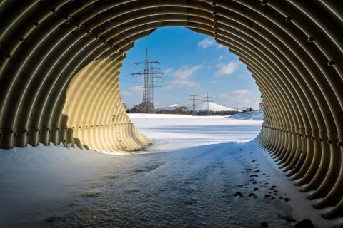 Bottrop, North Rhine-Westphalia, Germany - Sunny winter landscape in the Ruhr area, ice and snow on