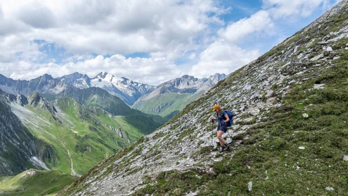 Hiker on hiking trail, Lasörling Höhenweg, Lasörling Group, Hohe Tauern National Park, East Tyrol,
