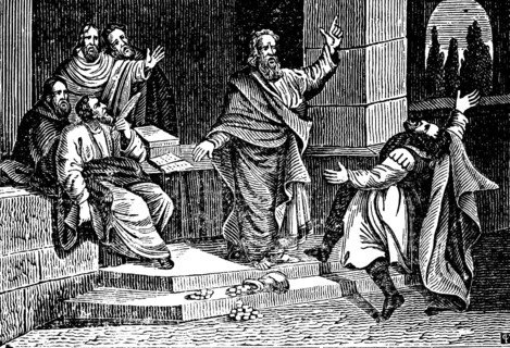 Hananias and Sapphira are punished with death, the rich Hananias falls to the ground and dies,