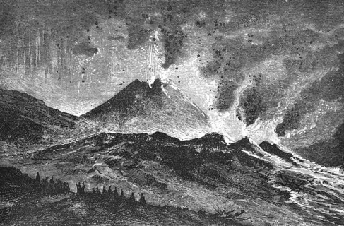 Eruption of hot lava and rock from the active Vesuvius volcano, near Naples and Pompei, geological