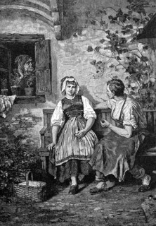 Eavesdropped love, young couple flirting on a bench in front of the house, the father listens from
