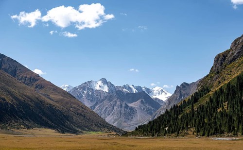 Picturesque mountain valley, mountain landscape with white mountain peaks, Tian Shan Mountains,