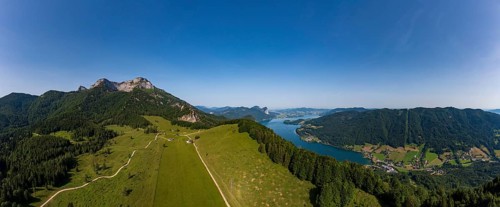 Drone shot, Eisenaualm with Schafberg and Mondsee, Osterhorn group, Salzkammergut, Salzburg