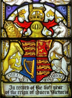Stained glass window commemorating 60th year of reign of Queen Victoria, Boulge church, Suffolk,