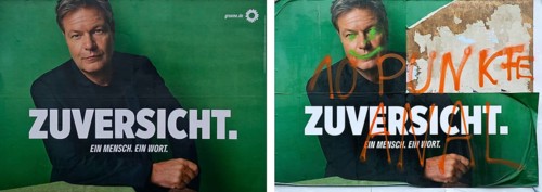 Comparison of two large posters for the 2025 federal election by the Greens with Robert Habeck,