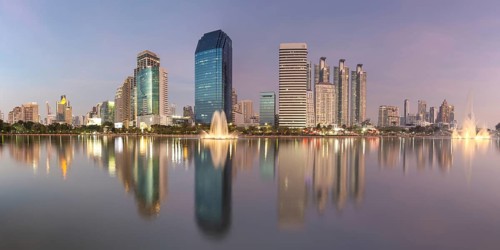 Benjakitti Park, eastern water zone with water fountain, a municipal park in the Khlong Toei