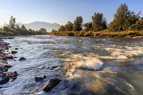 Rapids in a river, morning light, mountains, long exposure, Loisach, near Großweil, Bavaria,