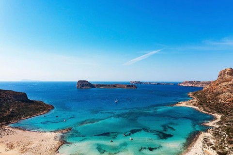 Drone shot, beach and bay of Balos, Gramvousa peninsula, Kolimbari, West Crete, Crete, Greece,