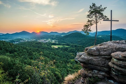 Sandstone rock with pine tree and summit cross, Rötzenfelsen, sunrise, Gossersweiler-Stein,