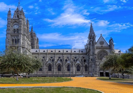 Cathedral Basilica of National Vow in historic center of Quito, Ecuador. Roman catholic church