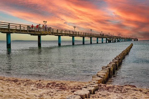 Baltic Sea beach, Baltic Sea coast with the Graal-Müritz pier, sunset, evening mood, Graal-Müritz,