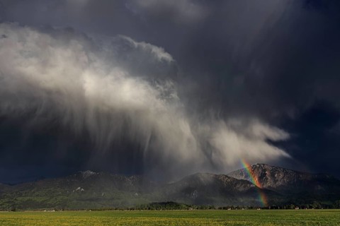 Rainbow, thundercloud, shower, evening light, summer, Loisach-Lake Kochel moor, Kochler mountains,