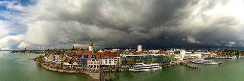 Panorama from the Moleturm tower onto the lakeside promenade of Friedrichshafen on Lake Constance
