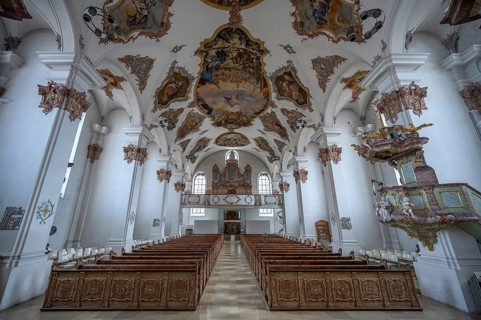Interior with organ loft in Heilig Kreuz Minster, built around 1400, Rottweil, Baden-Württemberg,