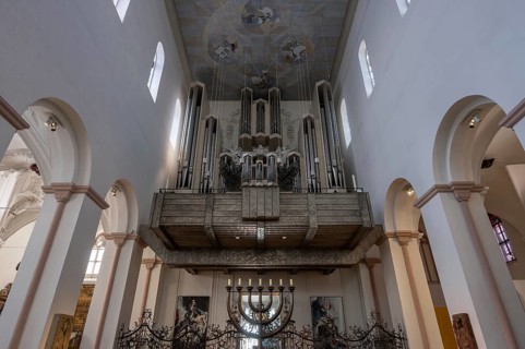 Organ loft in St Kilian's Cathedral, Würzburg, Lower Franconia, Bavaria, Germany, Europe
