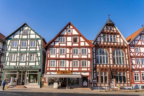 Half-timbered houses on the market square in Fritzlar, Schwalm-Eder district, Hesse, Germany,