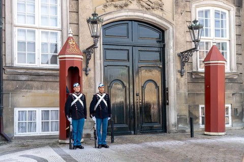 Guards at Amalienborg Palace in Copenhagen, Denmark, Europe