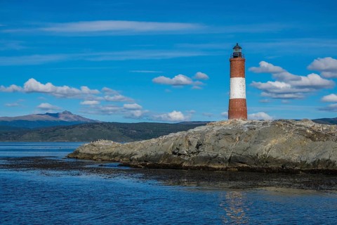 Ushuaia, Tierra del Fuego, Argentina, Les Eclaireurs lighthouse on a rock in the Beagle Channel,