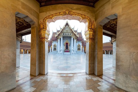 Marble temple, made of Carrara marble, Wat Benchamabopit, back of the Ubosot, temple in the Dusit