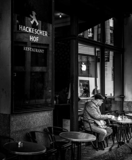 Black and white photography, outdoor catering at Hackesche Höfe, Berlin Mitte, Germany, Europe