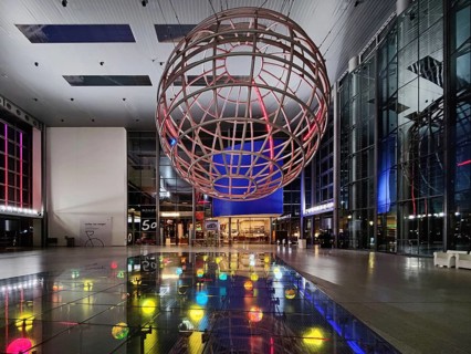 Entrance hall with lattice globe in the evening, Autostadt, Volkswagen AG, Wolfsburg, Lower Saxony,