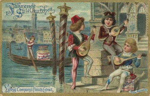 Picture series Children as travelling minstrels, Liebig picture, digitally restored reproduction of