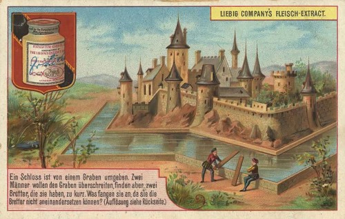 Picture series puzzle, Building a bridge over the castle moat, Liebig picture, digitally restored