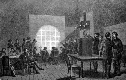 Reproduction of telegraphic dispatches by the magic lantern during the siege of Paris, historical,