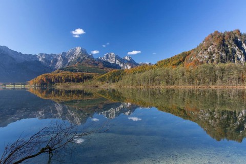 Autumn mood at lake Almsee, Grünau, Austria, Totes Gebirge, Europe