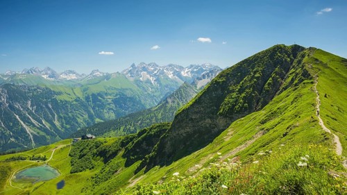 Panorama from the Fellhorn over the Schlappoldsee and Fellhornbahn mountain station to the central