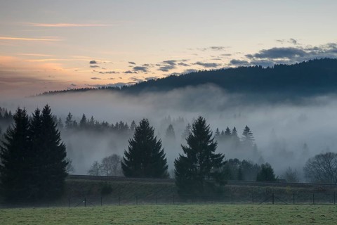 Autumnal evening mood with fog in the valley and in the forests of the Bavarian Forest National