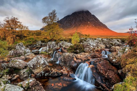Wild river, waterfall, autumn colours, morning light, mountain landscape, cloudy mood, Buachaille