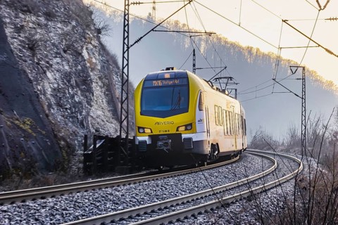 Geislinger Steige, railway line of the Filstallinie railway at dawn. Alb ascent to the Swabian Alb.