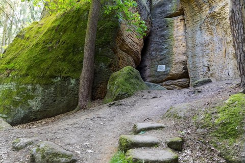 Rocky landscape at the Diebskeller or Götzinger Cave at the Kleiner Bärenstein, Thürmsdorf,
