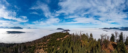 Drone shot, view from Schwarzenberg to a sea of fog in the Salzach valley, Osterhorn group,