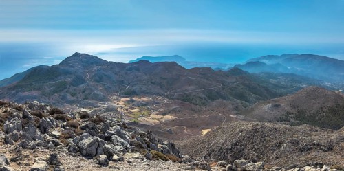 View from the summit of Kali Limno over the rocky mountain landscape of southern Karpathos with the