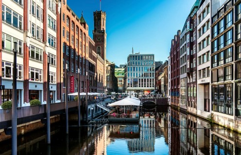 Architecture on the Alster in the city centre of Hamburg, Germany, Europe